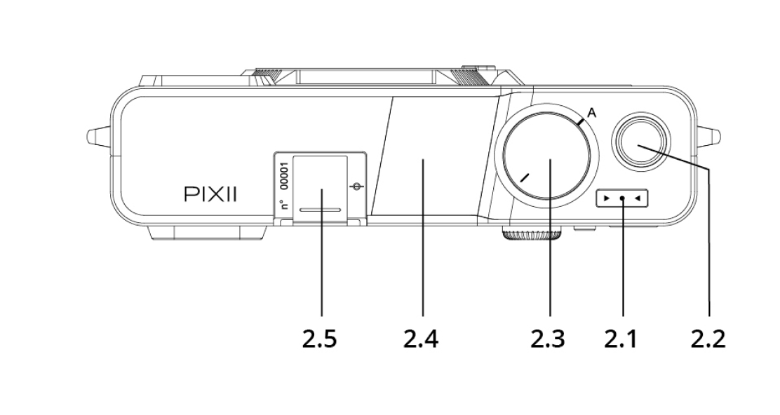 Pixii digital rangefinder camera, top view detailed features.